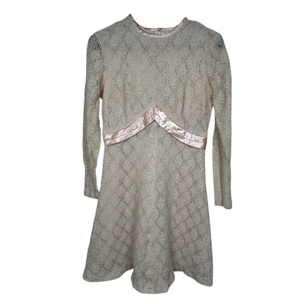 Vintage Lace Dress Coquette Blush Pink Ribbon‎ Accent Long Sleeve Mod A Line